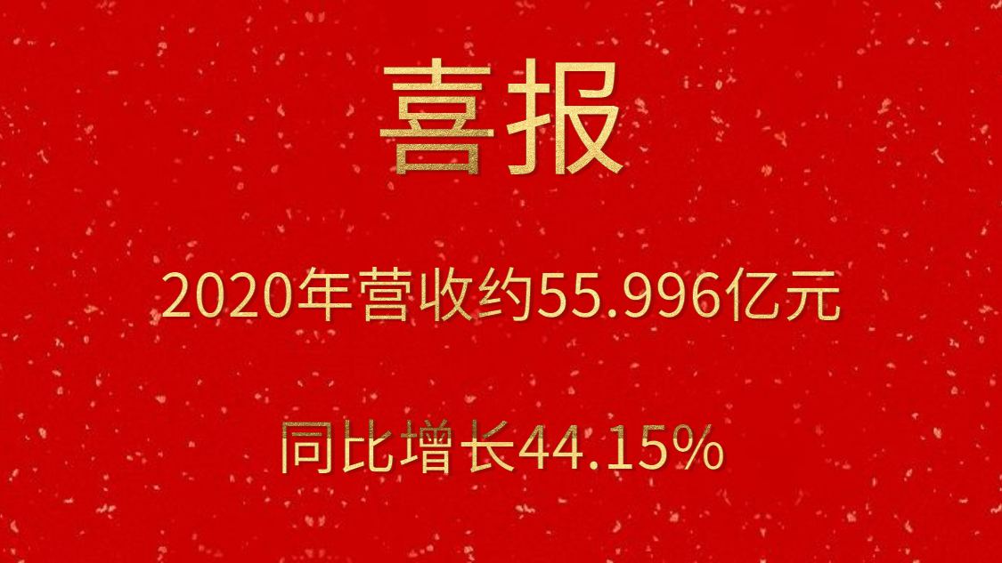 喜报！2020年营收约55.996亿元，，，，，，同比增添44.15%